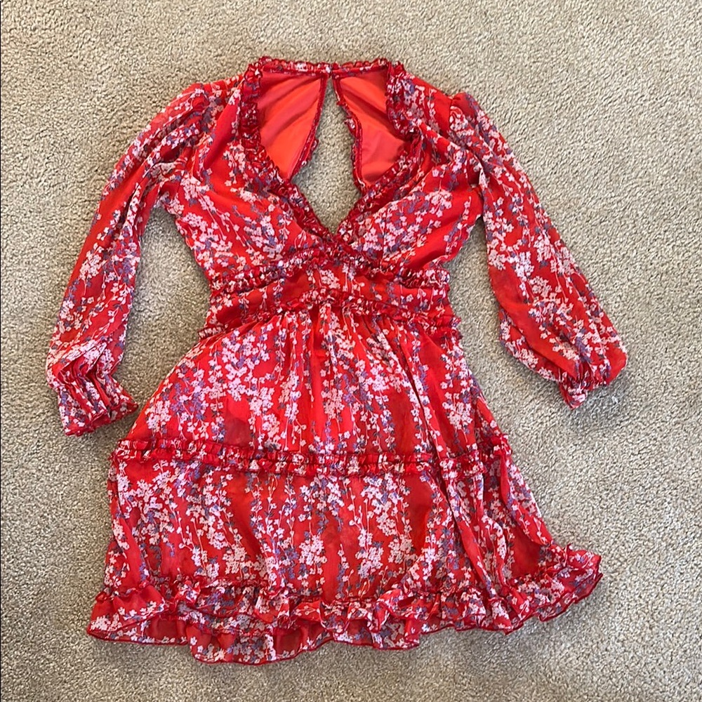 Floral Red Dress with Ruffle Details